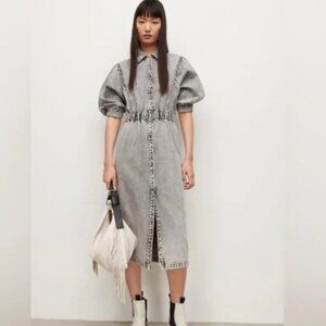 All Saints Gray Midi Dress with Puff Sleeves and Notched Collar